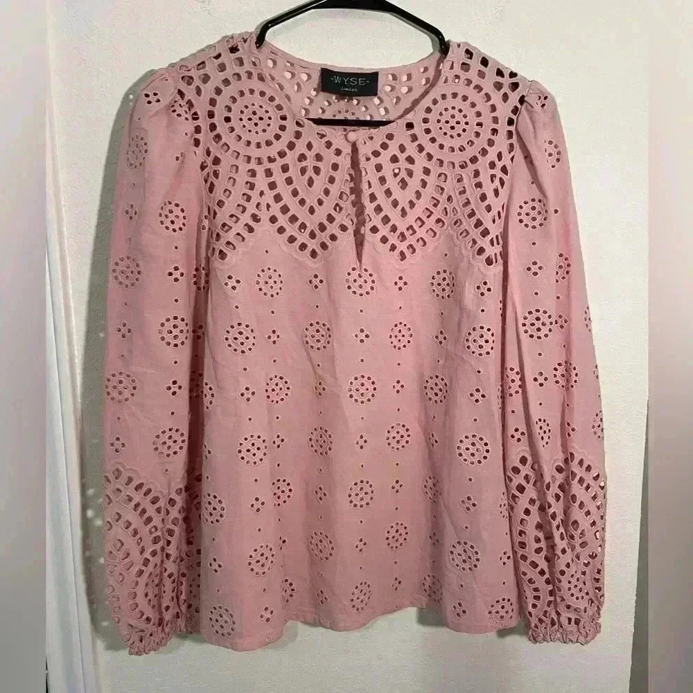 WYSE London Pink Open Embroidery Long Sleeve Blouse Shirt Top Sz 2